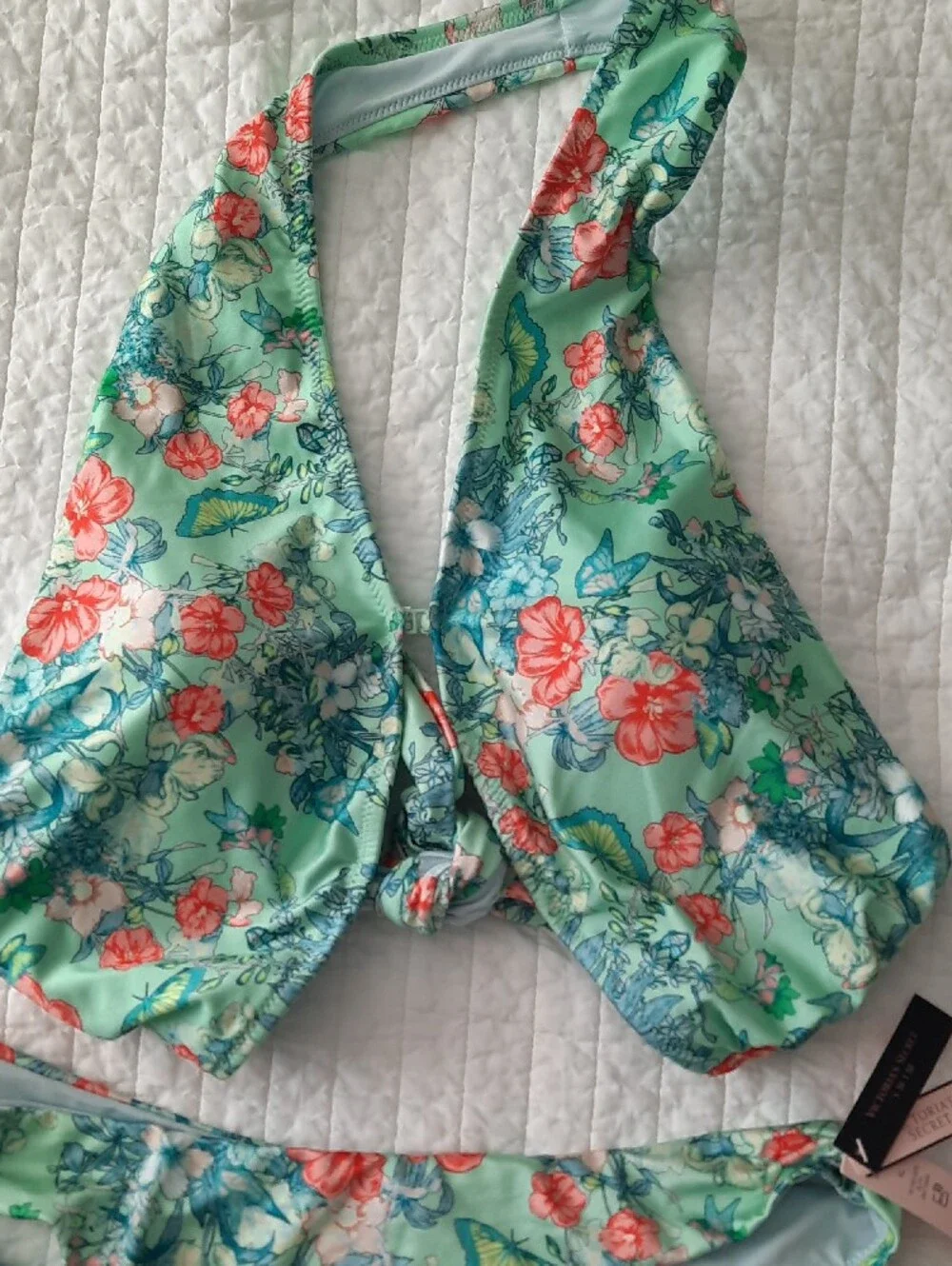 Victoria's Secret Mint Floral Bikini with Coral and Blue Accents
